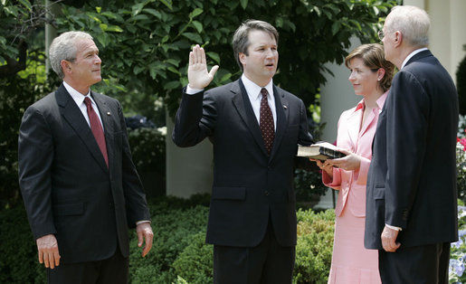 President George W. Bush Attends Swearing-In Ceremony for Brett Kavanaugh to the U.S. Court of Appeals for the District of Columbia Circuit, June 1, 2006, in the Rose Garden.