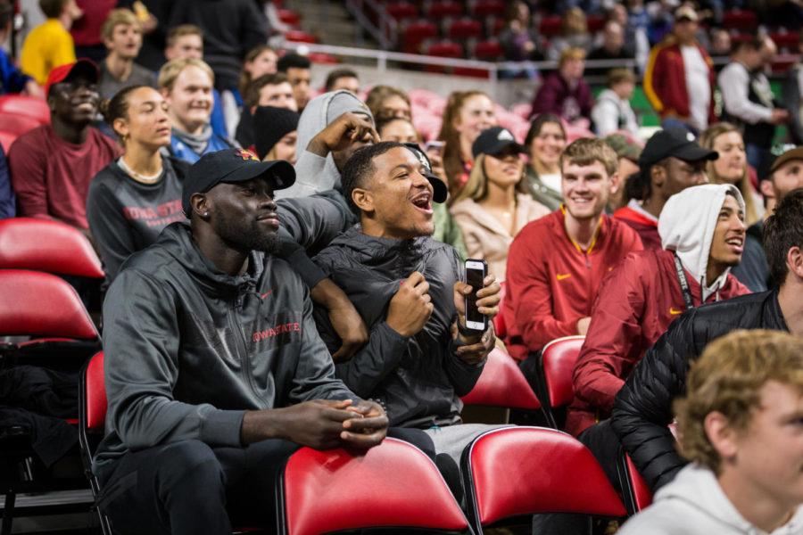 Iowa State Basketball Players cheer before the start of the Minnesota vs Milwaukee Preseason held in Hilton Coliseum Oct. 7. The Wolves were defeated 125-107.