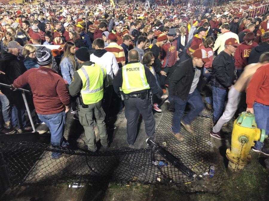 Iowa State fans flood the field at Jack Trice Stadium after defeating then-No. 6 West Virginia, 30-14. The Big 12 announced a $25,000 fine and public reprimand toward Iowa State. Iowa State will appeal the fine, according to university president Wendy Wintersteen. 