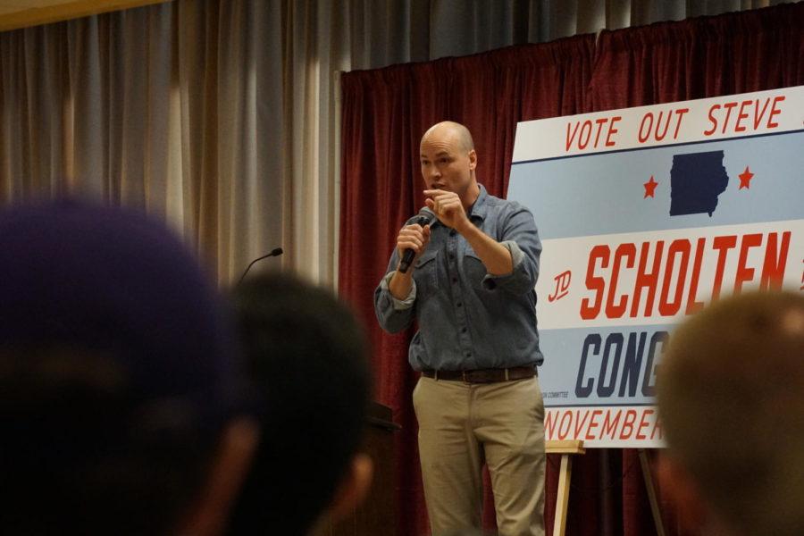 Candidate for Iowa's 4th Congressional District J.D. Scholten spoke to the audience about his campaign and who he is during the Rally for Scholten and DeJear featuring Bernie Sanders on Oct. 21 at the Memorial Union.