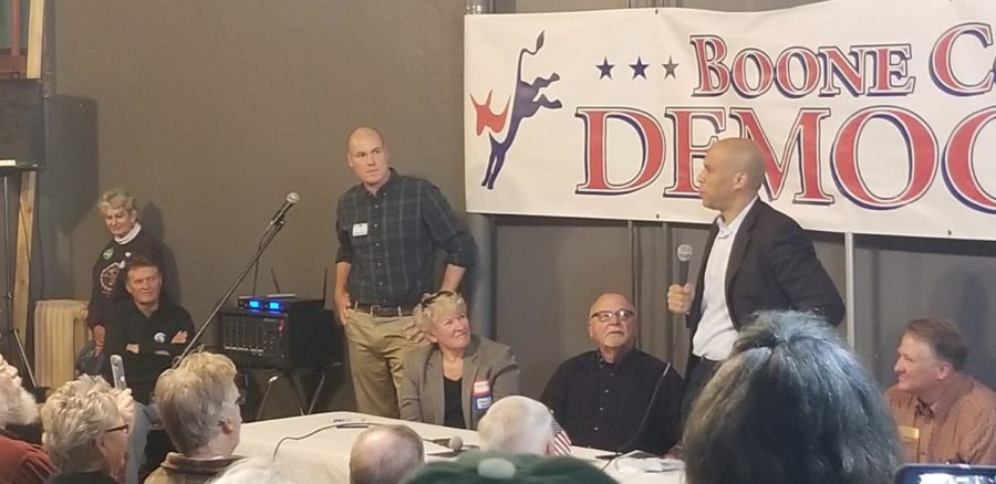 Cory Booker speaks at Boone County Democrats office.
