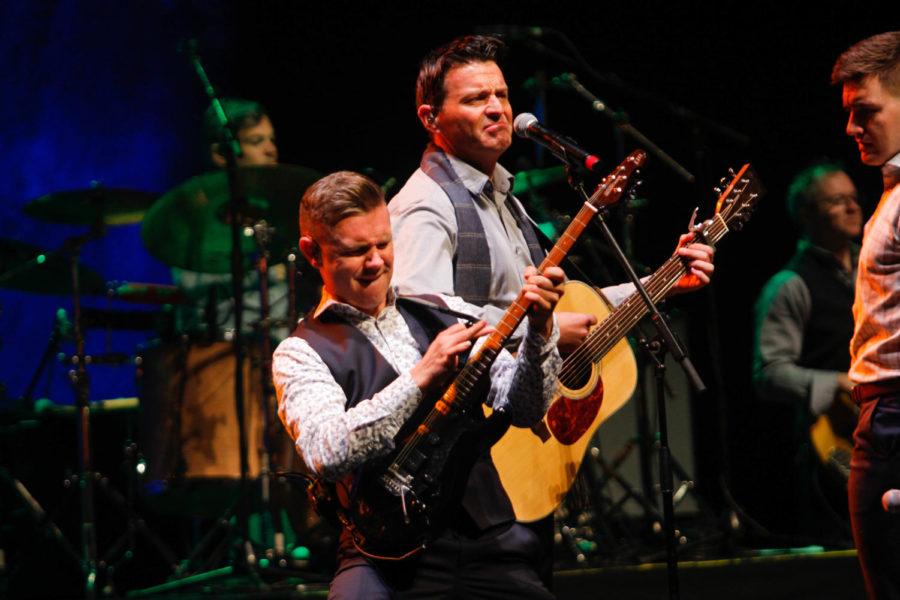 Celtic Thunder band members Neil Byrne and Ryan Kelly perform for the audience during their concert in Ames at Stephens Auditorium on Oct. 17.