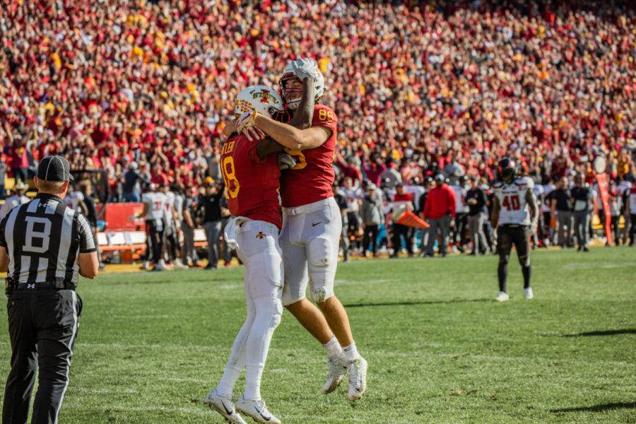 Iowa+States+Hakeem+Butler+and+Charlie+Kolar+celebrate+after+scoring+a+game+winning+touchdown+at+the+2018+Homecoming+football+game+on+Oct.+27.+The+Cyclones+won+40-31.
