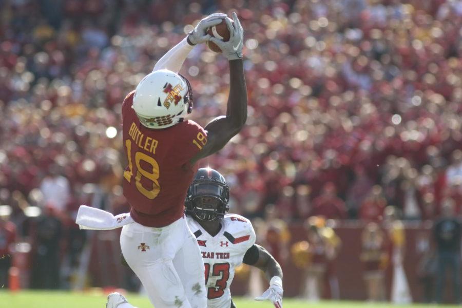 Iowa State junior Hakeem Butler makes a catch downfield during Iowa State's 40-31 win over Texas Tech.