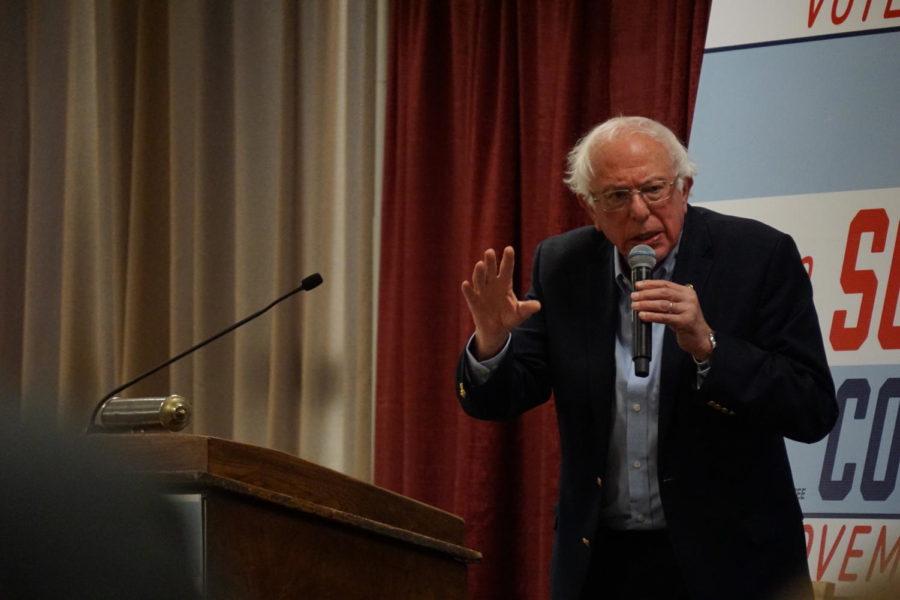 At the Rally for Scholten and DeJear featuring Bernie Sanders on Oct. 21, Bernie Sanders spoke to the audience about Deidre DeJear and J.D. Scholten. Megan Petzold/ Iowa State Daily