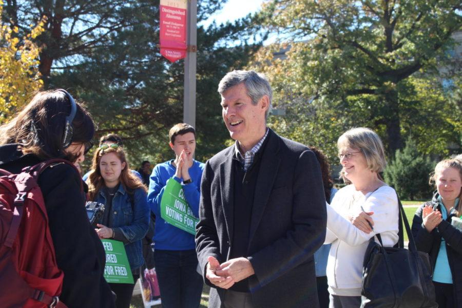 Fred Hubbell, 2018 Democratic candidate for Governor of Iowa, speaks to supporters in the free speech zone on Oct. 23. Hubbell supports labor unions and hardworking men and women in the labor union, lowering tuition, weeding out tax credits, exemption, and deductions where costs to the state outweigh benefits and much more.
