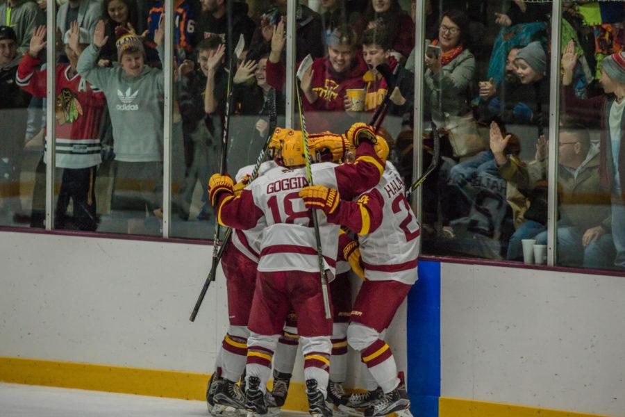 Cyclone Hockey players celebrate after scoring against Alabama Hockey on Oct. 5th at the Ames/ISU Ice Arena.