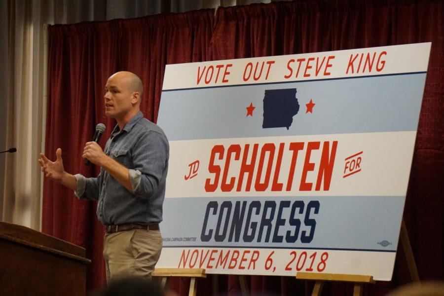Candidate for Iowas 4th Congressional District J.D. Scholten spoke to the audience about his campaign and who he is during the Rally for Scholten and DeJear featuring Bernie Sanders on Oct. 21 at the Memorial Union.