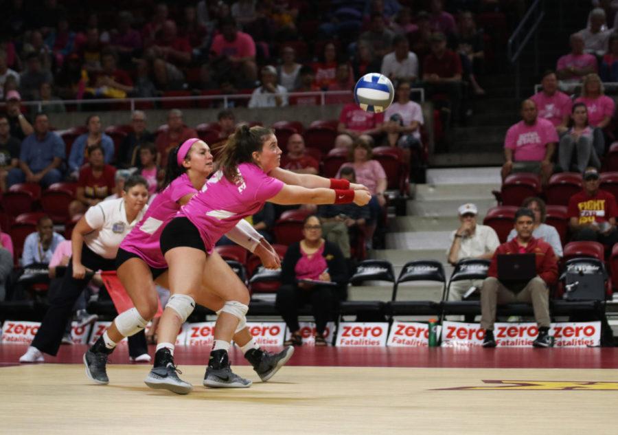 Defensive specialist Taylor Baranski bumps the ball to her teammates during the volleyball game against University of Oklahoma at Hilton Coliseum on Oct. 3. The Cyclones lost 3-1.