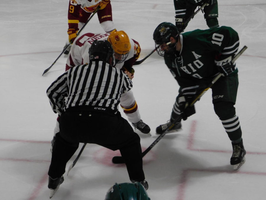 Ohio University and Cyclone Hockey face off after a penalty was called during the game at the Ames/ISU Ice Arena on Oct. 19. The Bobcats ended up victorious over the Cyclones with a 4-1 win.