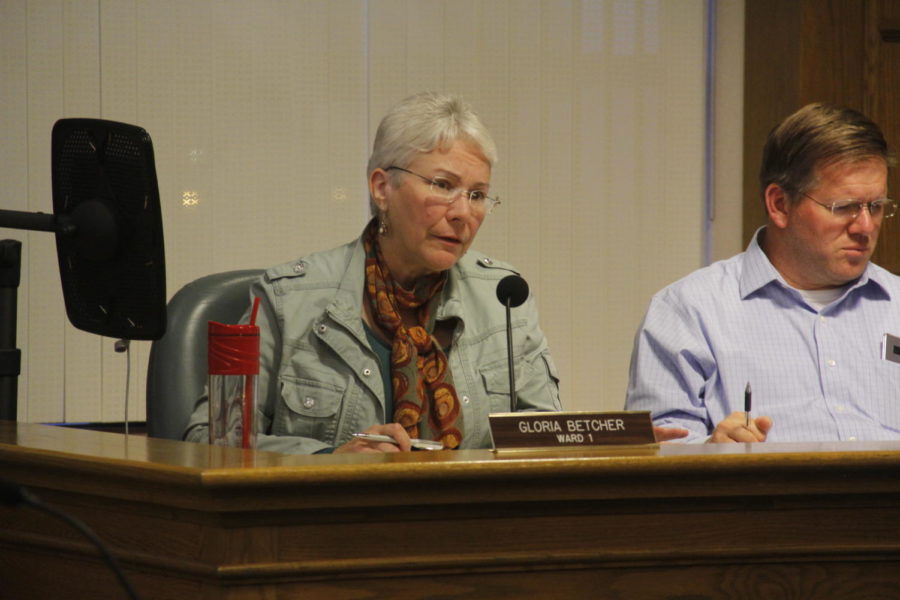 City council member Gloria Betcher asks Ames police chief Charles Cychosz about the issue of the Ames homeless population during the public forum at City Hall on Sept. 25.