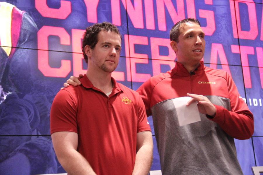 Head football coach Matt Campbell introducing one of Iowa States new football recruits Corey Dunn at Cyning Day on Feb. 7.