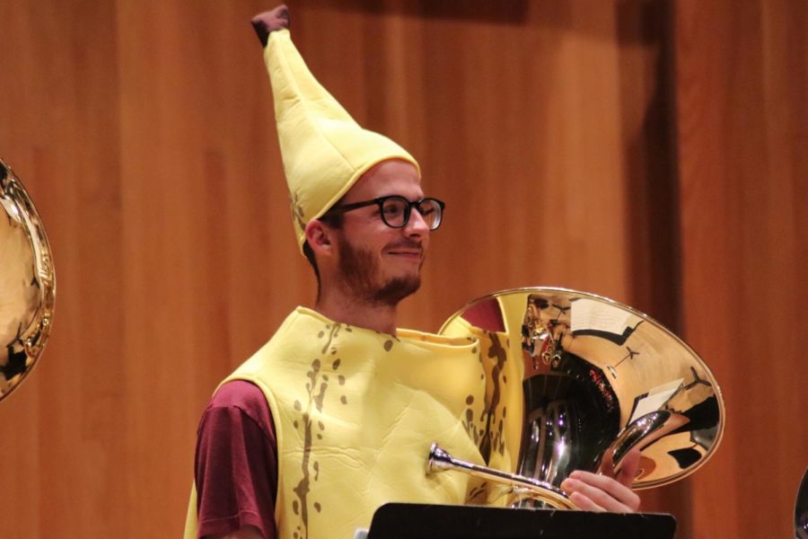 Corey Hatfield accepts applause from the crowd at the annual "Octubaween" concert in the Martha-Ellen Tye Recital Hall on Oct. 30.