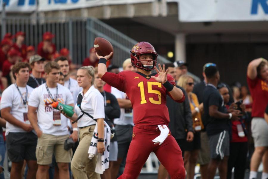 Then-freshman quarterback Brock Purdy warms up before the season opener against South Dakota State at Jack Trice Stadium on Sept. 1, 2018.