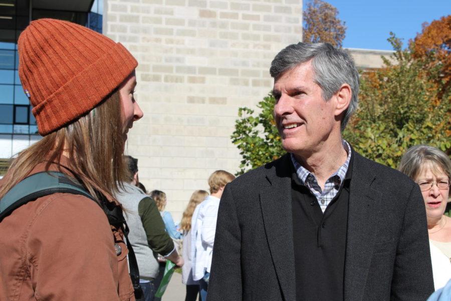 Fred Hubbell, 2018 Democratic candidate for Governor of Iowa, speaks with a supporter in the free speech zone on Oct. 23. Hubbell supports labor unions and hardworking men and women in the labor union, lowering tuition, weeding out tax credits, exemption, and deductions where costs to the state outweigh benefits and much more.