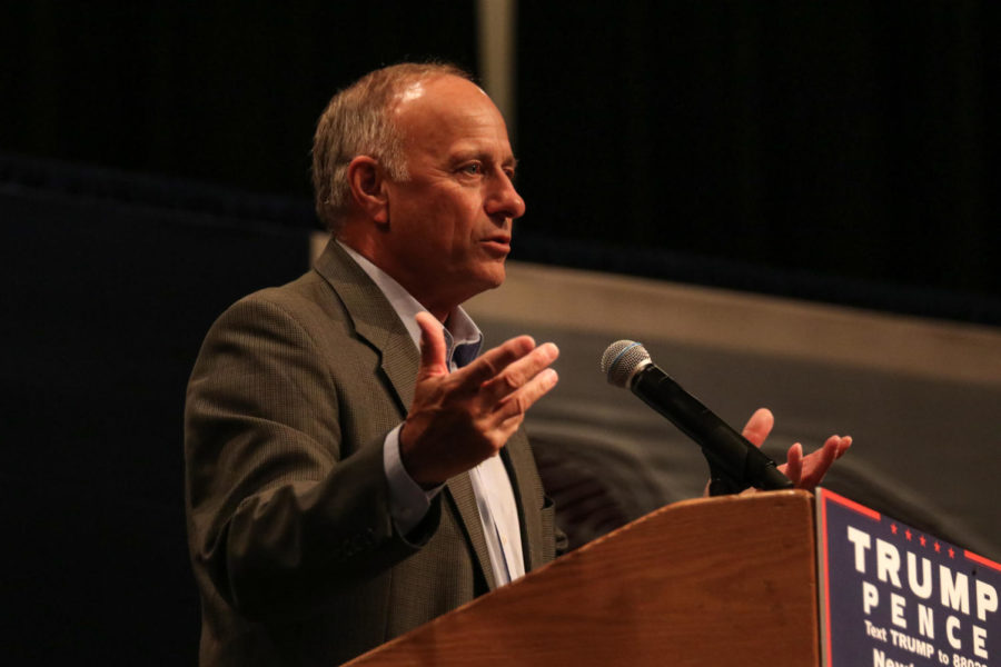 Iowa U.S. Representative Steve King speaks to a crowd of Republican presidential nominee Donald Trumps supporters on Oct. 11 at the Des Moines Area Community College in Newton, Iowa. King spoke about Trump and House Speaker Paul Ryans fallout and Trumps leaked audio tape with him objectifying women.