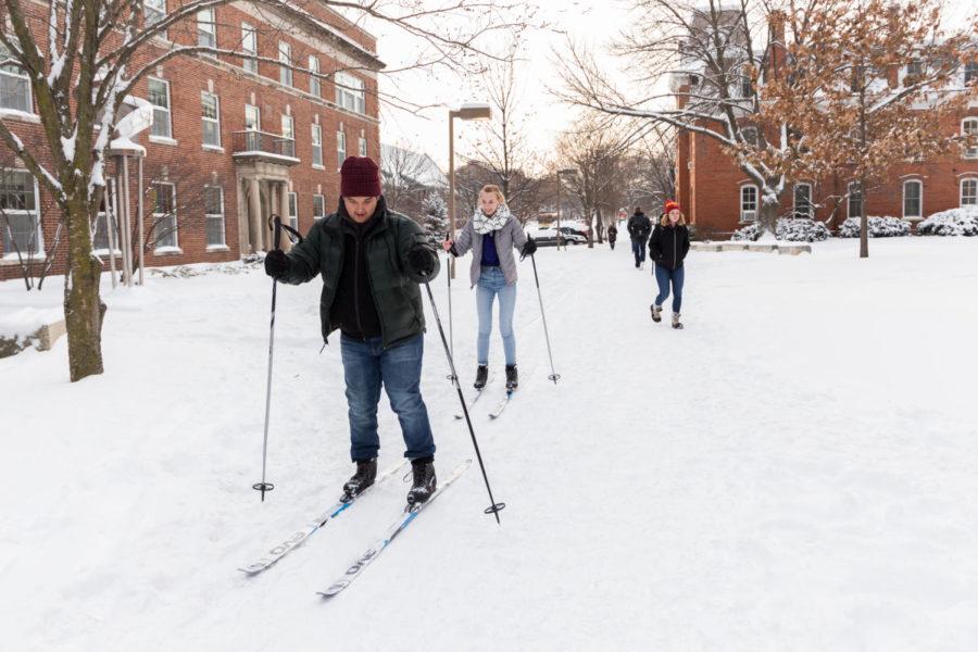 Iowa State Juniors Lauren Gifford and Bryant Jasper cross country ski on campus Feb. 5.