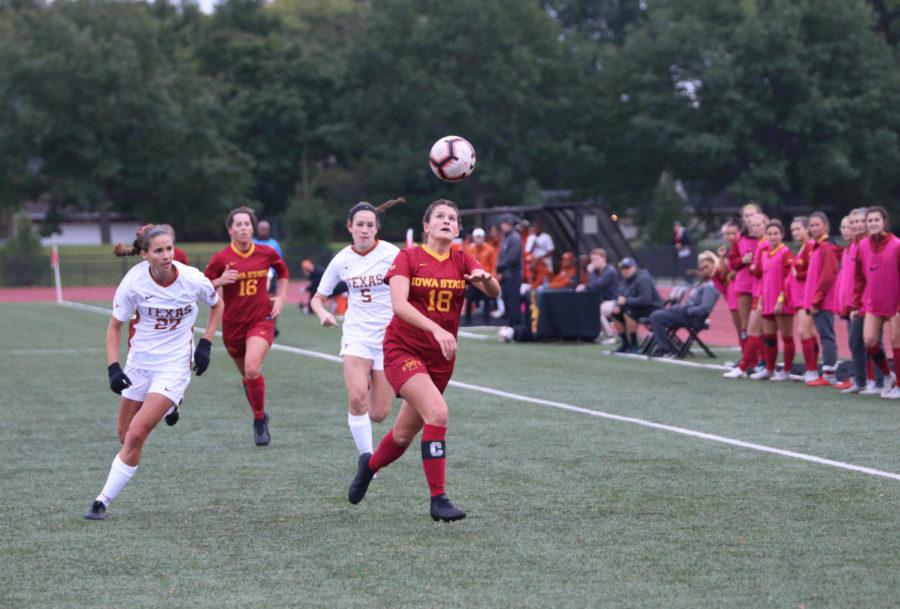 Forward Klasey Medelberg tries to control the ball after it was thrown in from the sidelines during the game against the University of Texas Longhorns at the Cyclone Sports Complex on Oct. 5. The Cyclones lost 2-1.