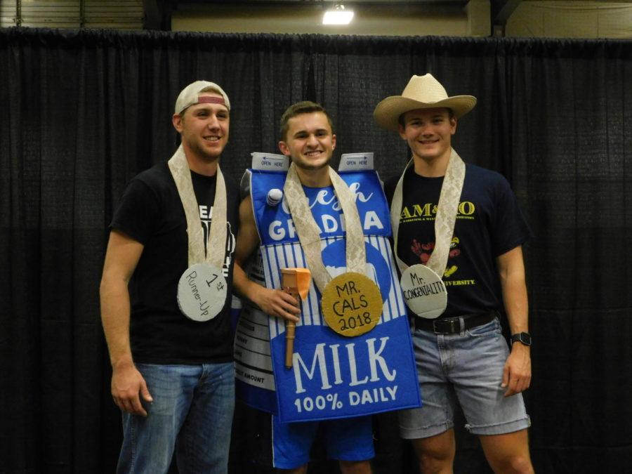 1st runner up Justin Utt (Left) and Mr. Congeniality Matt Stenzel (Right) pose with Mr. CALS Harrison Furlow following the completion of the Mr. CALS Competition held in the Hansen Agriculture Center Oct. 1. The Mr. CALS Competition consisted of three major events: The Ag Olympics, Money Box Run, and Ag Industry Questions.