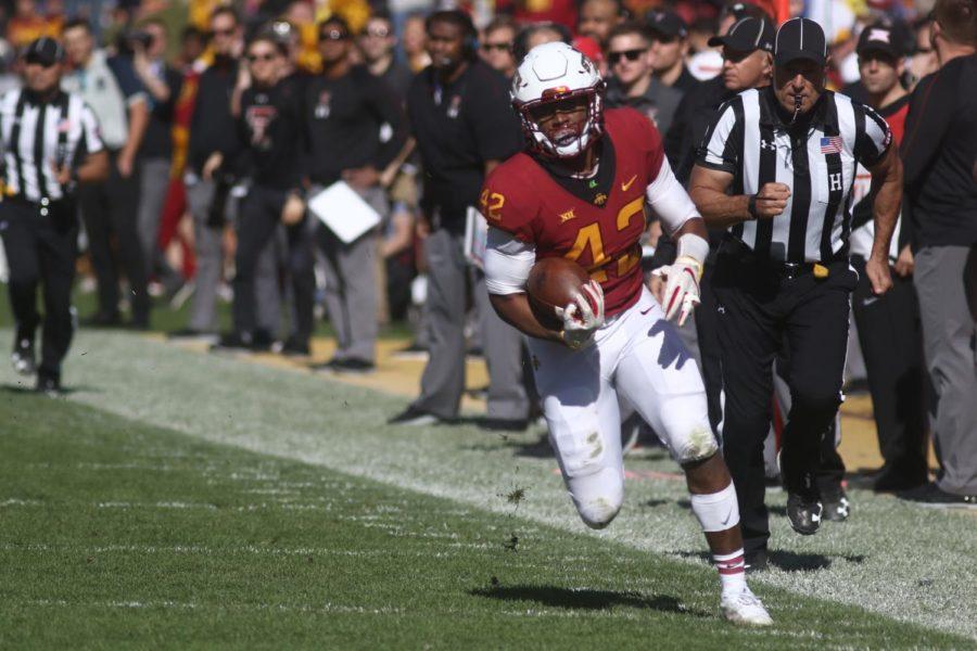 Iowa State junior Marcel Spears runs the ball back after grabbing an interception. Spears scored on the play.