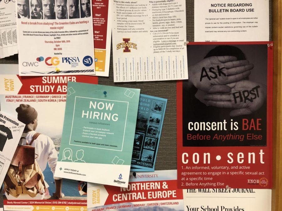 Posters about consent hang on bulletin boards throughout Hamilton Hall on Oct. 17. The posters encourage people to seek an agreement between two parties before entering into a sexual interaction with another person.