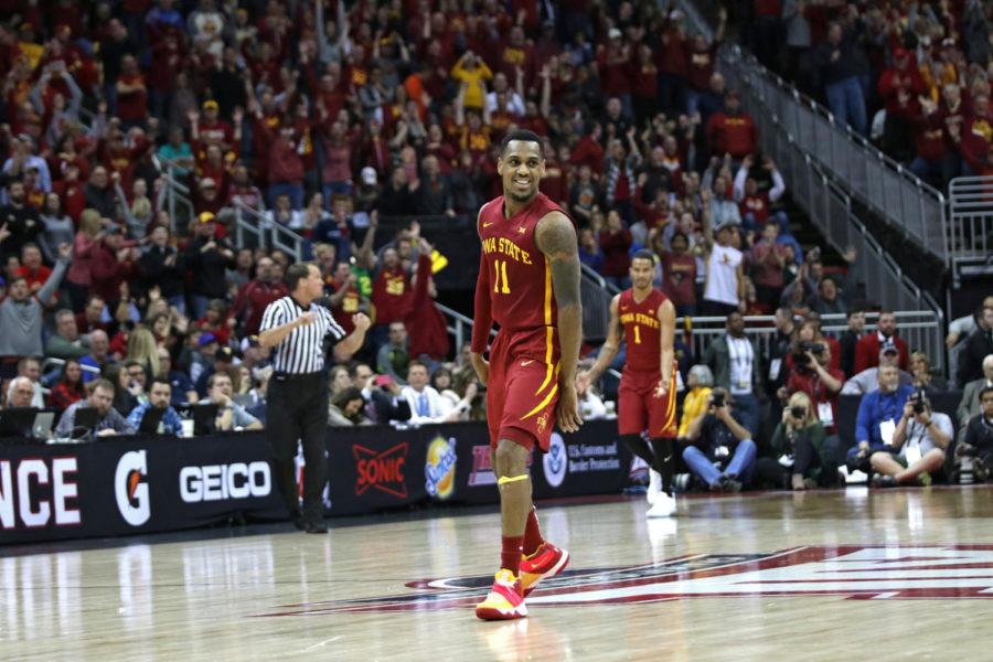 Monte Morris celebrates in the first half of the Big 12 Championship game on March 11, 2017, in Kansas City, Missouri.