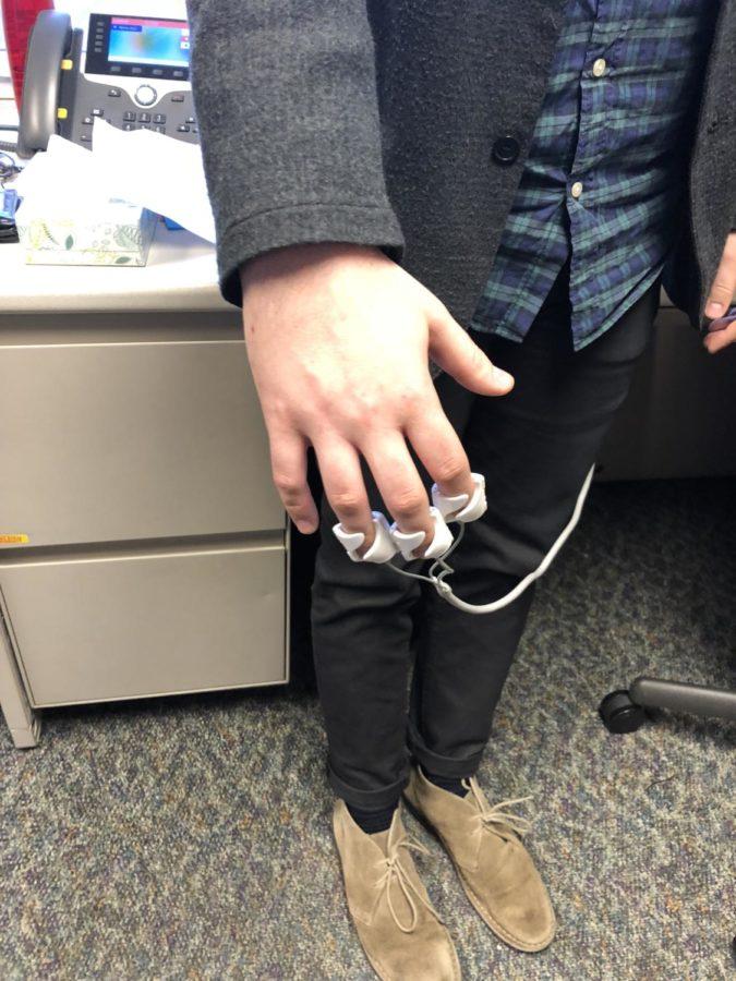 Finger sensors that are used to monitor students breathing, which allows them to control games to give a visual representation of their heart rate. Student Counseling Services will be upgrading to the ear clip in the new feature to make the process less bulky.