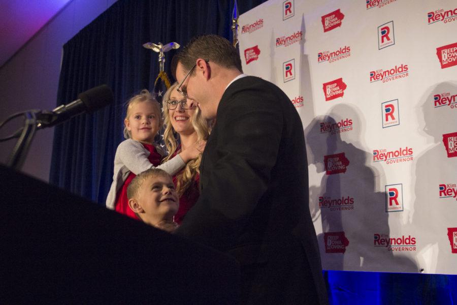 Lieutenant governer, Adam Gregg, speaks before introducing Kim Reynolds, to celebrate her win as Iowa governer. Mike Naig, Republican candidate for Iowa Secretary of Agriculture and Kim Reynolds, Republican candidate for Iowa governor host an “Iowa GOP Victory Party” on Nov. 6, 2018 at the Hilton in downtown Des Moines.