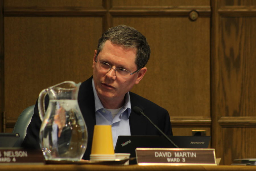 City Council member David Martin listening to the concerns of the logistics of the Pedestrian Safety project at the City Council meeting on Tuesday night at City Hall. 