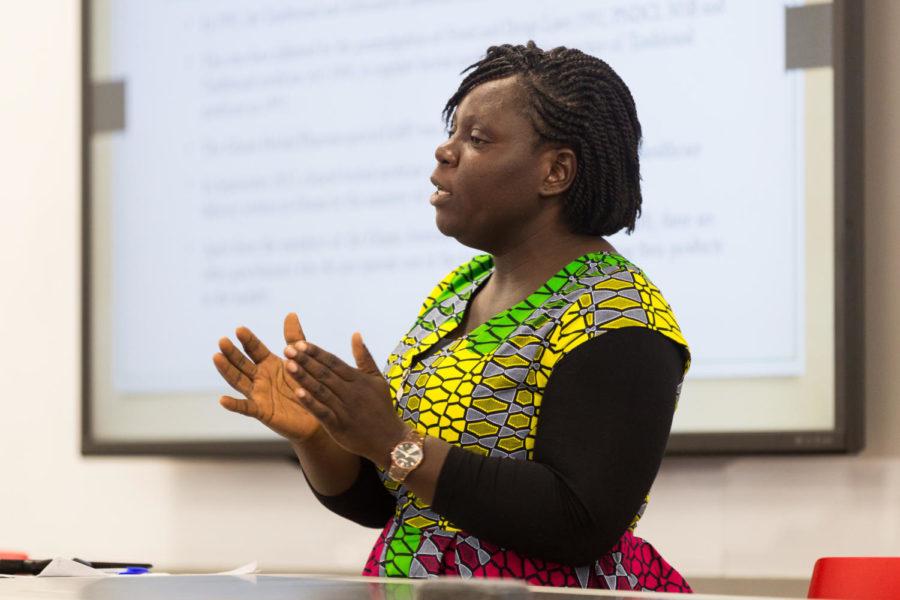 Theresah Patrine Ennin, a senior lecturer at the University of Cape Coast in Ghana, gives a lecture on Traditional Medicine and the Commercialization of Womens Bodies in Pearson Hall Nov. 26. In Ghana Ennin teaches African literature, critical theory, research methods and communicative skills.