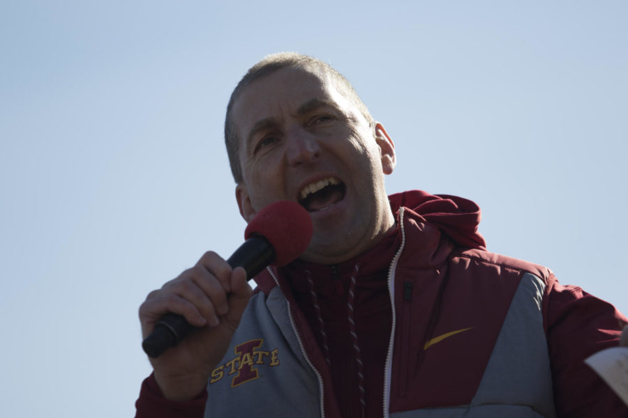 Iowa State Athletic Director Jamie Pollard pumps up the crowd during the Cyclone Spirit rally in Memphis.