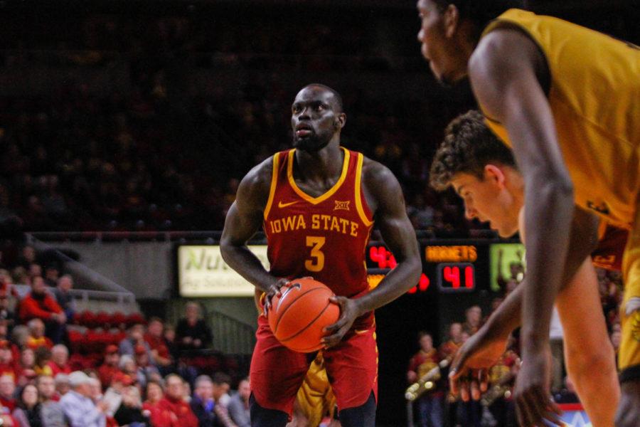Senior Marial Shayok readies himself to take a shot from the free throw line during ISUs season opening game vs. Alabama State on Nov. 6 at Hilton Coliseum. The Cyclones won 79-53. 