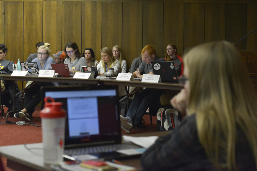 Members of Iowa State’s Student Government make their way through the night’s agenda during their meeting on Oct. 24 in the Campanile room of the Memorial Union. The meeting centered on funding for Latinx Initiatives, Rodeo Club, seating at-large members to the finance committee and confirming members to the election commission.