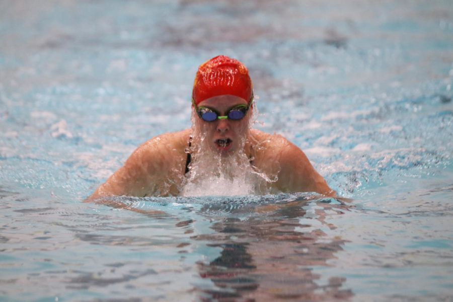 Junior Emma Ruehle swims in lane 3 during the Women 200M at the Cardinal and Gold swim meet in Beyer Hall on Oct. 12. Ruehle finished with a time of 2:10.93.