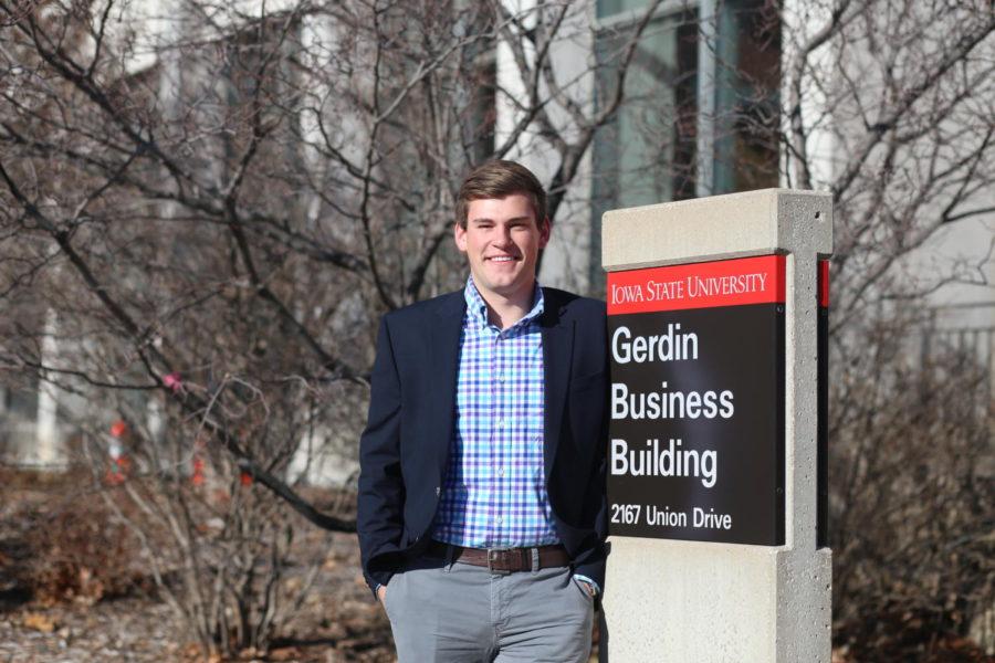 Casey Cunnningham, President of Ivy Business Council and a senior in finance and accounting, outside the Gerdin Business Building. 