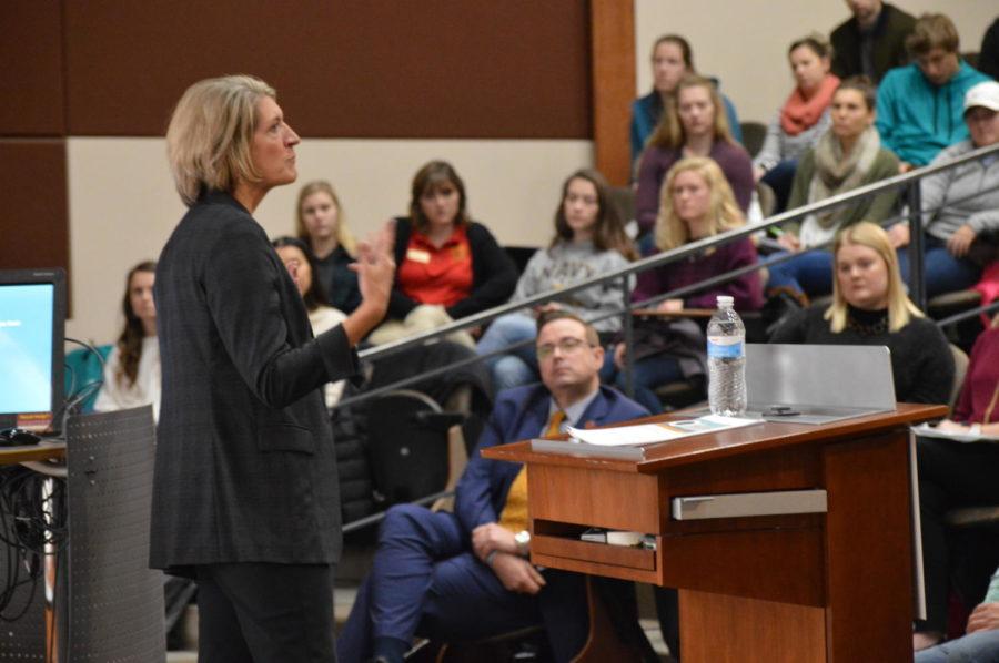 Beth Ford, Iowa State alumna and president and CEO of Land O'Lakes spoke about leadership being a team sport on Friday November 9 in the Stark lecture hall at 11 a.m. Ford told audiences about her leadership playbook saying "Learn outside what you are fundamentally invested in."