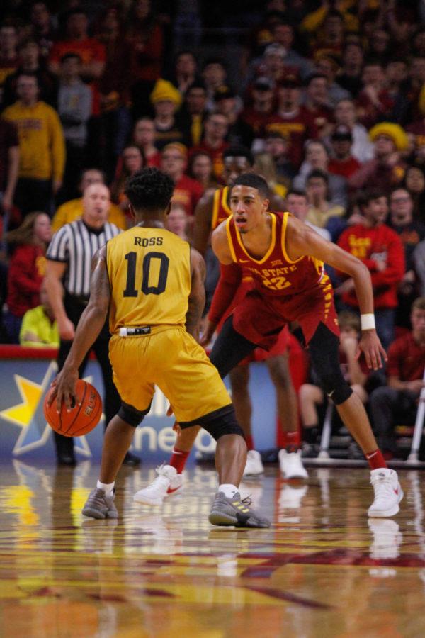 Freshman Tyrese Haliburton manœuvres around an ASU player during the first half of the Iowa State vs. Alabama State game on Nov. 6 at the Hilton Coliseum. The Cyclones won 79-53. 