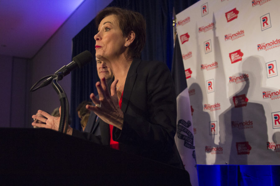 Kim Reynolds celebrates being the first elected female governor on Nov. 6. Mike Naig, Republican candidate for Iowa Secretary of Agriculture and Kim Reynolds, Republican candidate for Iowa governor host an “Iowa GOP Victory Party” on Nov. 6 at the Hilton in downtown Des Moines.