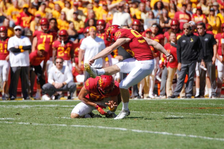 Kicker Connor Assalley scores an extra point for the Cyclones as he kicks the ball through the field goal during their game against the University of Akron on Sept. 22 at Jack Trice Stadium. The Cyclones won 26-13.
