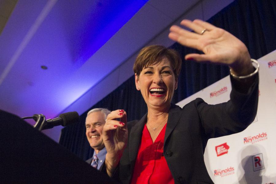 Kim Reynolds celebrates being the first elected female governor on Nov. 6, 2018. Mike Naig, Republican candidate for Iowa Secretary of Agriculture and Kim Reynolds, Republican candidate for Iowa governor hosted an “Iowa GOP Victory Party” on Nov. 6 at the Hilton in downtown Des Moines.