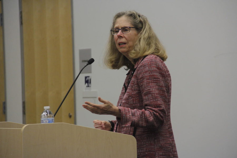 Iowa State President Wendy Wintersteen speaks at Ames Public Library on Sept. 27. Wintersteen spoke about being the universitys first female president.