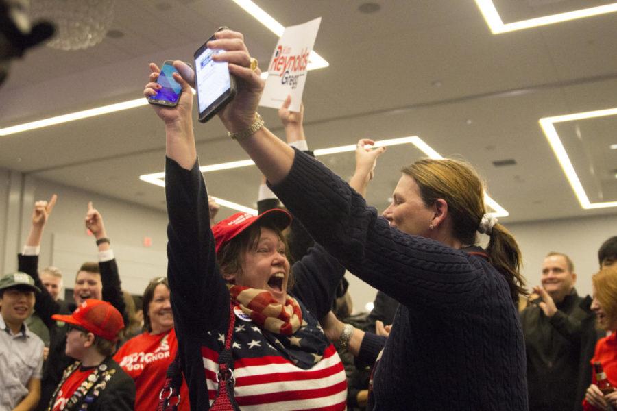 Republicans cheer as the election is called in Governor Kim Reynolds favor at the GOP watch party on Nov. 6.