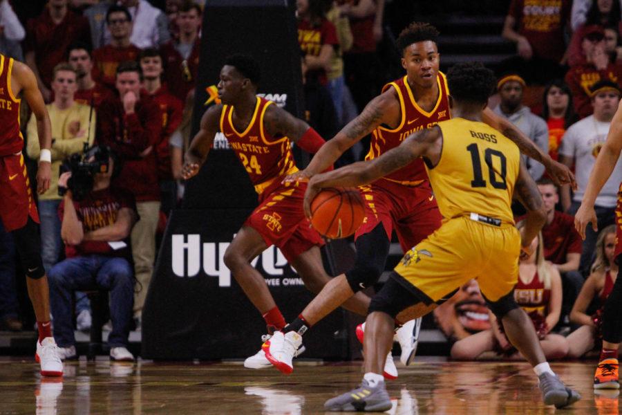 Freshman+Zion+Griffin+works+to+steal+the+ball+from+an+Alabama+State+player%C2%A0during+ISUs+season+opening+game+vs.+Alabama+State+on+Nov.+6+at+Hilton+Coliseum.+The+Cyclones+won+79-53.%C2%A0