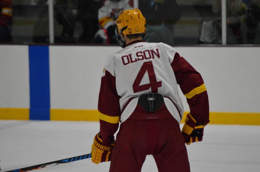 Max Olson, #4 on the Cyclone hockey team at Friday nights game. The game was held at the Ames/ISU Ice Arena. The Cyclones won the game against Minot State with a final score of 3-1. 