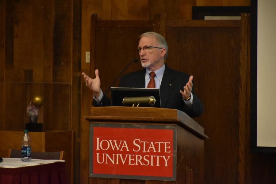 Interim Vice President for Iowa State University Extension and Outreach John Lawrence speaks at an open forum on February 28, 2018, for his shot at the full-time position.