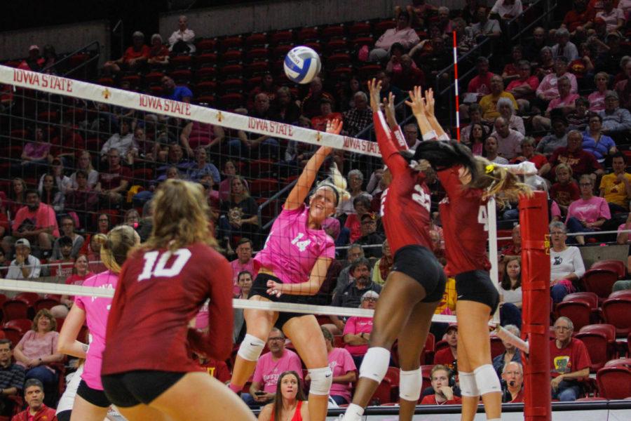 Senior Jess Schaben spikes against the University of Oklahomas volleyball team during their match against the Sooners on Oct. 3 at the Hilton Coliseum. The Cyclones lost 3-1.