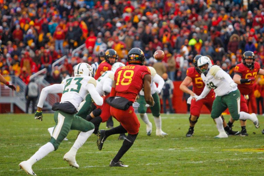 Wide receiver Hakeem Butler catches the ball during Iowa States against Baylor on Nov. 10 at Jack Trice Stadium. The Cyclones finished the first half 17-0 against the Bears.
