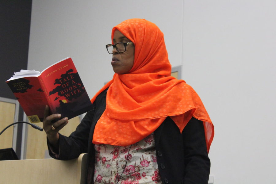 Fartumo Kusow reads the first scene from her new book Tale of a Boons Wife, a historical fiction about a young Somali womans life, at her lecture on Gender and Ethnicity among Somali Migrants and Refugees at the Ames Public Library on Nov. 8.