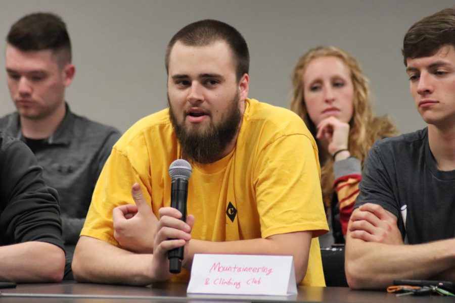 Ethan Wieczorek, president of the Iowa State University Mountaineering and Climbing Club speaks out against the new trademark policy at a meeting of club officers at Carver Hall on Nov. 1. Wieczorek says the new policy forces the club to be renamed; The Mountaineering and Climbing Club at ISU. 