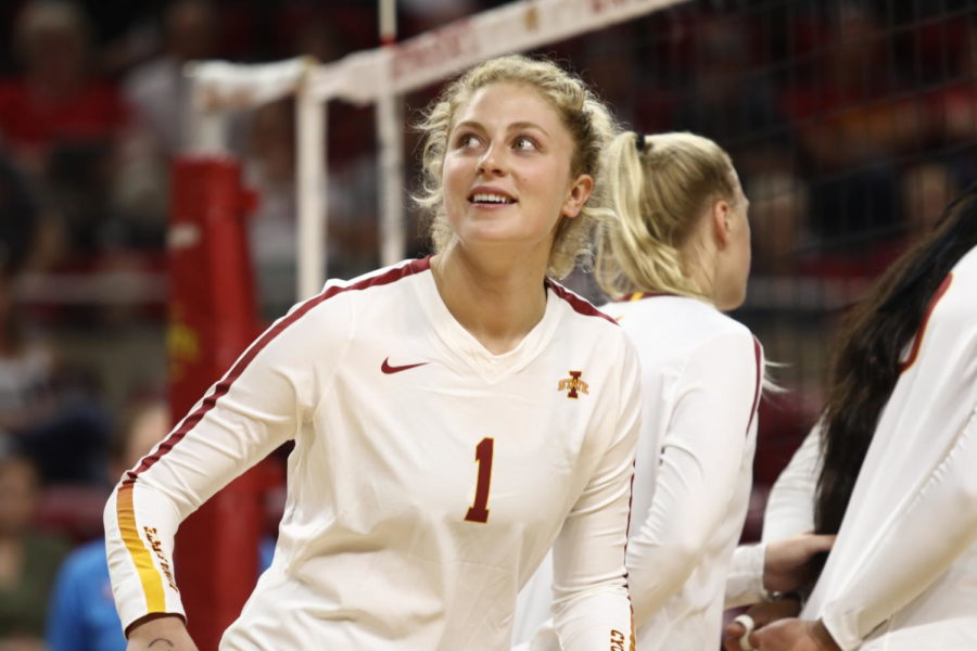 Iowa State senior Hannah Bailey reacts after Iowa State scores a point against Wyoming on Sept. 13. 